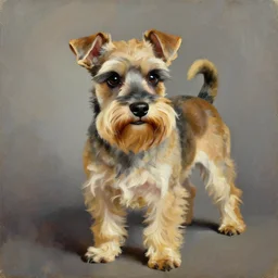 tan schnauzer chihuahua mix, big mustache, mangy, painting by jc leyendecker!! phil hale!, angular, brush strokes, painterly, vintage, crisp
