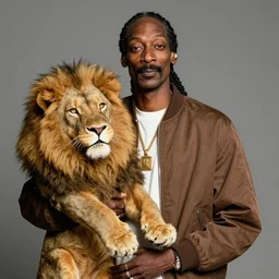 Snoop Dogg holding a Lion  for a 1990s sitcom tv show, Studio Photograph, portrait, C 12.0