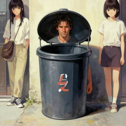 full view, from a distance, of anthropomorphic trashcan from the movie blade runner, style of yoshii chie and hikari shimoda and martine johanna, highly detailed
