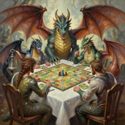 dragons with wings sitting around a table playing a board game, oil painting
