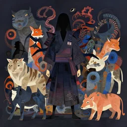 japanese warrior, abstract art, various animals, monster, twisted god with no face, by makoto shinkai