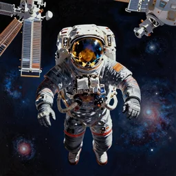 astronaut floating outside spaceship space station wearing black space suit and gold helmet, colourful, vibrant, minimalist, highly detailed, art station, deviant art, 3d, realistic, portrait, symmetrical, photorealistic, proportional, beauty, fish eye lens, nasa, spacex, galaxies, in the style of Edward hooper oil painting