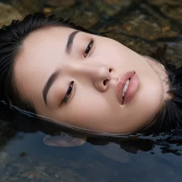 close up of face of fashion model floating in water of a stream, top view, harper's bazaar editorial, highly detailed