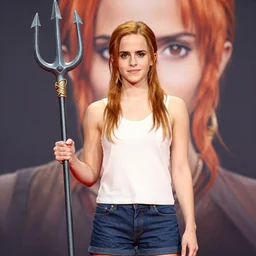a full body photo of emma watson as nami from one piece holding a trident in one hand, award winning photography, 50 mm, perfect faces.