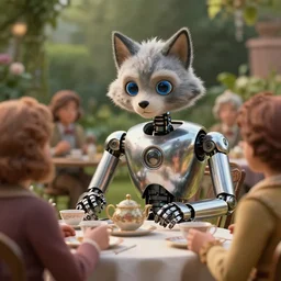 film still from the movie chappie of the robot chappie shiny metal outdoor park plants garden scene bokeh depth of field several figures sitting down at a table having a grand victorian tea party furry anthro anthropomorphic stylized cat ears wolf muzzle head android service droid robot machine fursona