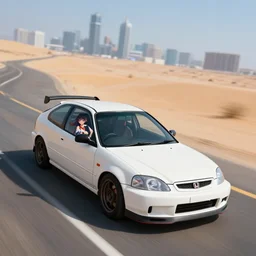 photograph of a cell-shaded Honda EK9 Type-R with an anime girl, on a desert road with a futuristic city in the horizon, one point perspective, 1-point perspective, tilt shift, sigma 85mm f/1.4, 4k, depth of field, high resolution, 4k, 8k, hd, full color