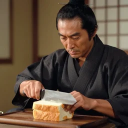 a movie still of a samurai slicing a loaf of bread, a movie by Akira Kurosawa
