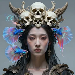 symmetrical centered goddess close - up portrait wigh crown made of skulls. betta fish phoenix bioluminiscent creature super intricate artwork, cinematic, octane render, ultra realistic