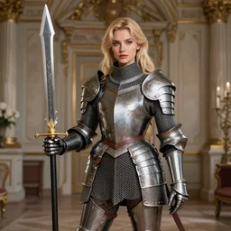 a well - endowed lady knight clad in chainmill armor that accentuates her figure, holding a sizable claymore and standing by for commands in a baroque hall, cute, blonde, photorealistic, key visual, digital artwork, portrait
