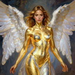 vibrant depiction of young jessica alba girl as a biblical angel skin made of gold and silver with a luminescent veins illustration by ruan jia and mandy jurgens and william - adolphe bouguereau artgerm 4 k