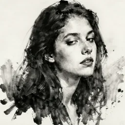 portrait of dazed model facing slightly right, black ink on paper