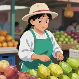 Bolivian woman with apron and hat selling fruits in a Latin American market in anime style -9