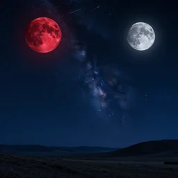 beautiful fantasy landscape, night, stars, shooting stars, a red moon and a white moon, by james gurney, low angle shot, concept art, matte painting, intricate, hyper detailed, volumetric lighting, sharp focus, octane render, trending on artstation, 8 k