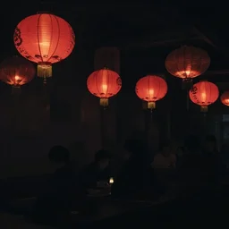 night club, a few red chinese lanterns, people's silhouettes, minimalism, asian movies 2 0 0 0 atmosphere