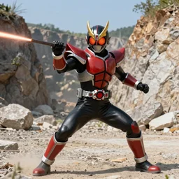 High Fantasy Kamen Rider, 4k, rock quarry location, vibrant colors, daytime, action scene, glowing eyes, fantasy inspired dragon armor
