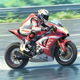 motorcycle racing over water, action shot, in the style of makoto shinkai, gritty, bright color hues, high detail