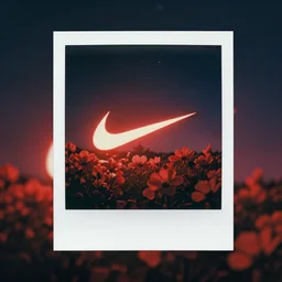 nike logo, flowers, on the red light, focused background night sky with stars, polaroid photo