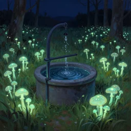 illustration of a water well in a field of fluorescent mushrooms, nighttime, painting, realistic