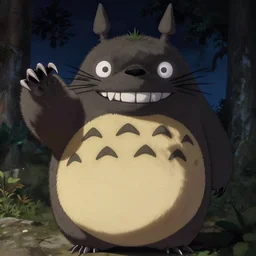 action photograph of a terrifying totoro with glowing eyes about to attack the camera, claws, sharp teeth, aggressive violent realistic flash photography