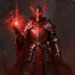 a very elegant fantasy oil painting of a fantasy knight and a magical wizard robe made of dragon hide combination, red glowing magic, medieval armor, custom armor design, pointy, the red glows coming through the knight helmet, paint smears, digital art, character design, d & d character, heavy shading, master of fantasy art