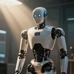 a robot in a movie, cinematic shot, sun beams
