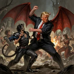Donald Trump Fights a demon and wins. dungeons and dragons style. highly detailed, digital painting, artstation, concept art, sharp focus, illustration, art by Josh kirby and John romita jr and moebius