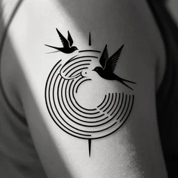 a beautiful tattoo design of minimalist swallows flying across geometric spirals, black ink, abstract logo, line art, vector graphics