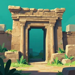 ancient ruins with a portal and plants,digital art,retrowave art