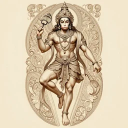 a full body portrait of a beautiful ornated hanuman god, leaping towards the camera, intricate, elegant, highly detailed, digital painting, artstation, concept art, smooth, sharp focus, line art illustration for tattoo, art by krenz cushart and artem demura and alphonse mucha
