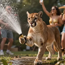 a beautiful humanoid puma partying together with a water sprinkler, highly detailed, octane render, k, cinematic, high detail, unreal engine, 8 k, high contrast, golden ratio, trending on cgsociety