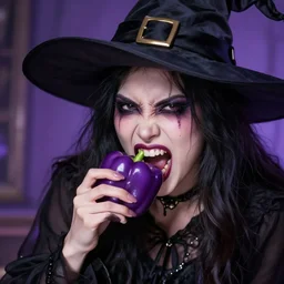 ugly witch eating a purple pepper