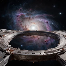 intergalactic stargate portal in a space station with a view of a nebula in the background by douglas smith