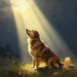 matte painting, dog lit by heavenly lights, god rays, by peter mohrbacher