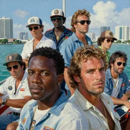 a painting of crockett and tubbs in eighties miami vice on a boat, ultra realistic, highly detailed faces, true life, 8 k, masterpiece, cinematic, by frank frazetta, greg rutkowski, yoko taro, christian macnevin, beeple, wlop, krenz cushart, epic character art, dramatic lighting