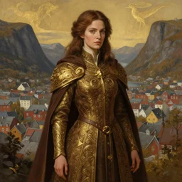 brown haired mage medium portrait, female, city landscape, norway, d & d, fantasy, intricate, elegant, highly detailed, digital painting, brown and gold color palette, artstation, octane render, concept art, matte, sharp focus, illustration, herrarthstone, art by artgerm and greg rutkowski and alphonse mucha