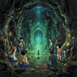 key shot of ancient underground dungeon, studio ghibli, bloom, anime key art, gloomhaven, organic painting, hard edges, luminescent, octane render, by greg manchess, huang guangjian, greg rutkowski, jesper ejsing, rhads, cushart krenz, anton fadeev