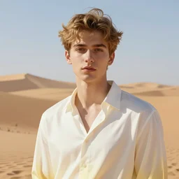 full figure beautiful young man, luminous scene, by greg rutkowski and alphonse mucha, d & d character, gradient white to gold, in front of a dune desert background, highly detailed portrait, digital painting, artstation, concept art, smooth, sharp focus illustration, artstation hq