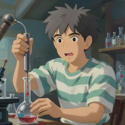 An epic fantasy comic book style portrait painting of a !young man in a laboratory, very expressive, !!really short gray hairs,  round face, wearing a shirt with horizontal stripes, handling laboratory equipment, character design by Mark Ryden and Pixar and Hayao Miyazaki, unreal 5, DAZ, hyperrealistic, octane render, cosplay, RPG portrait, dynamic lighting, intricate detail, summer vibrancy, cinematic