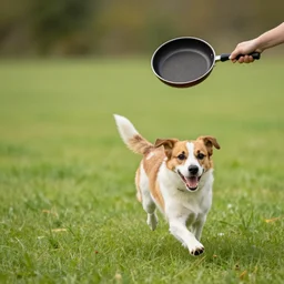 a dog running away from a flying frying pan