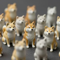 a collection of tiny ancient chinese shiba inu figurine made of porcelain, macro photography