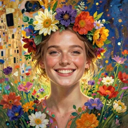 a head and shoulders portrait of a happy alicia vikander! with a flower crown, surrounded by an explosion of wild flowers, by gustav klimt!, by wes anderson, by edward hopper, by wayne barlowe, by james gilleard, by james jean