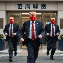 dramatic cinematic bank robbers running out of bank wearing trump masks by Emmanuel Lubezki