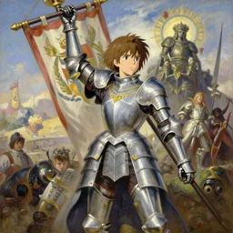 baroque oil painting of anime key visual concept art of female knight wearing silver armor with gold trims, holding up a war banner of a great empire, battlefield, trending on artstation, brush strokes, oil on canvas, style of kawacy and makoto shinkai and greg rutkowski and studio ghibli