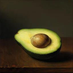 classical panting of avocado on dark wooden table rembrandt cezanne velazquez baroque painting