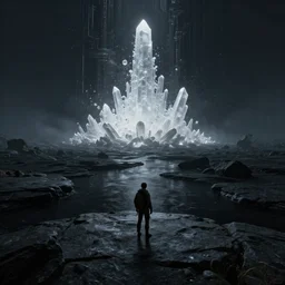 octane render uhd, 8 k art photography, filmic lighting, cinematic art shot, hyperrealistic, hyperdetailed, super detailed, 8 k, high resolution, lone wanderer in a strange place, vast dark granite landscape with mysterious strangle glowing crystalline structure made of white rocks in the far distance, particle simulation, high tech architecture wonder alien structure, painting by ross tran and ivan aivazovsky, black water, midnight