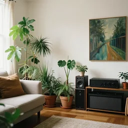 a living room with plants and music equipment and a painting on the wall, featured on tumblr, light and space, sanctuary, soft light, aesthetic