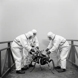 old black and white photo, 1 9 1 3, depicting scientists in hazmat suits removing an alien biomechanical insect corpse on a bridge, historical record, volumetric fog
