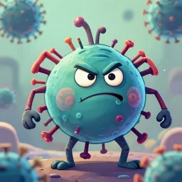 Cartoon representation of a superbug microorganism, being strong and tough because of drug or antibiotic, digital art