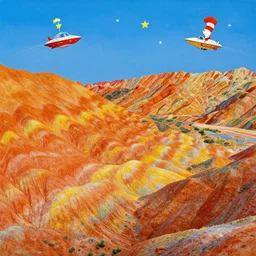 Zhangye Danxia landscape in the style of Dr. Seuss, starships, painting by Ralph McQuarrie