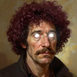Portrait of Bob Ross, white glowing eyes, maroon coloured afro, male, fantasy, extremely detailed, digital painting, artstation, concept art, smooth, sharp focus, illustration, stunning lighting, art by artgerm and greg rutkowski and alphonse mucha and simon stalenhag, realistic character concept, high fantasy, light atmosphere, golden ratio, cinematic lighting, hyperdetailed, high resolution, insanely detailed and intricate, artstation, Marc Simonetti, Greg Rutkowski, 8k